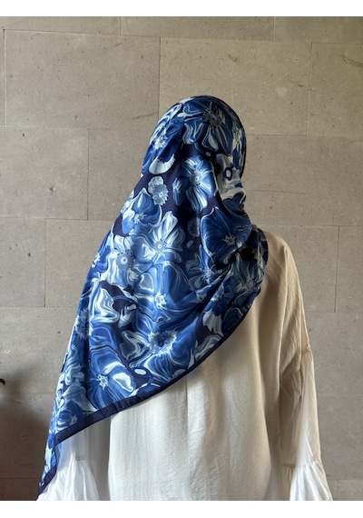 Qalortex Scarf Pamuklu Mimoza Desen Şal- Lacivert