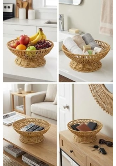 25 Cm Plastik Rattan Servis Çanağı, Doğal Hasır Görünümlü Dekoratif Meyve Ekmek Sunum Kasesi