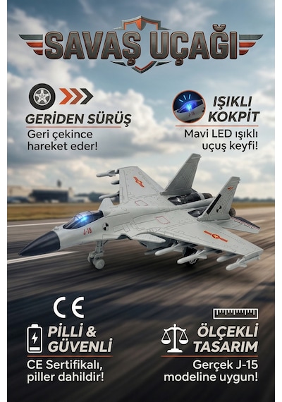 23 Cm J-15 Askeri Jet Replika Modeli - Aydınlatmalı Geri Çekmeli Hava Aracı Çocuk Maketi Piller Hazır Kullanıma Dahil