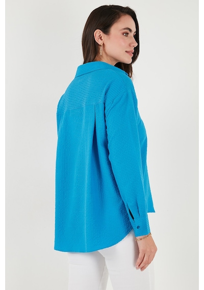 Lela Regular Fit Güpürlü Cep Detaylı Uzun Kollu Bayan Gömlek 6773215 Mavi
