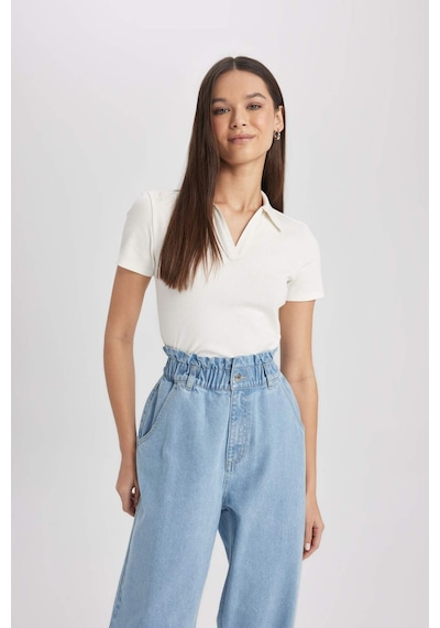 DeFacto Fitted Polo Yaka Fitilli Kaşkorse Kısa Kollu Beyaz Tişört A0379AX25SMWT32 DeFacto Fitted Polo Yaka Fitilli Kaşkorse Kısa Kollu Beyaz Tişört A0379AX25SMWT32