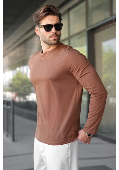 Madmext Kahverengi Pamuklu Slim Fit Erkek Tişört E7187