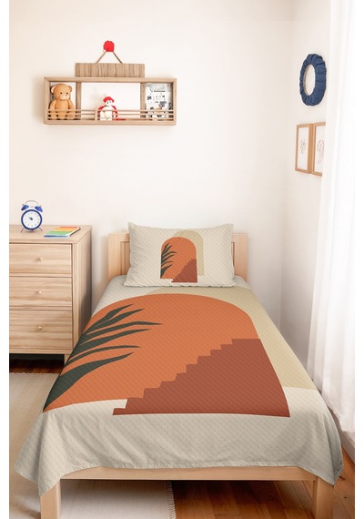 Boho Geometrik Kiremit Genç Odası Tek Kişilik Pike Takımı - Bej Antrasit 160x220 Cm Yatak Örtüsü Keten Tarlası Eşiği