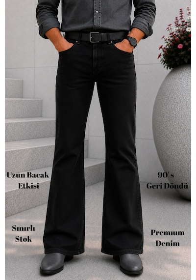Cedy Denim Cedy Denım Premium Seri: Erkek Retro Flare Bootcut Jean - Geniş Paça Taşlanmış Denim Pantolon C370 Siyah