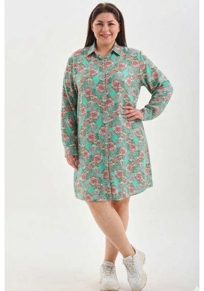 Polologin Butik Büyük Beden Çiçek Desenli Gömlek Elbise - Mint Yeşil Yeşil