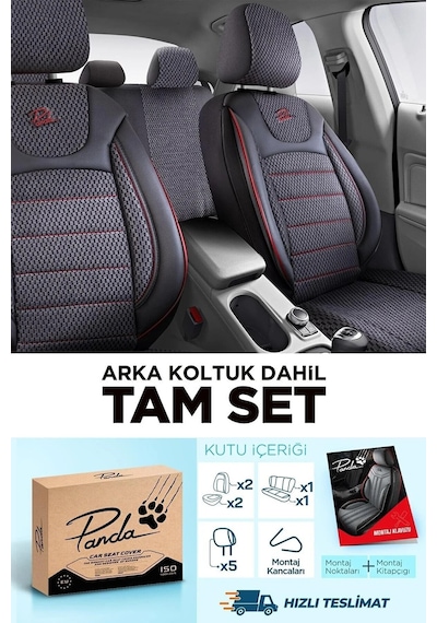 Siyah - Kırmızı Panda Prestij Serisi Dokuma Kumaş Oto Koltuk Kılıfı - Tam Set