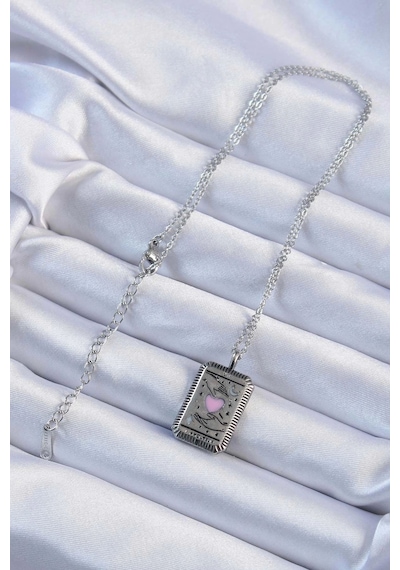 316l Çelik Zincir Eskitme Gümüş Renk Pembe Mineli Kalp Figürlü Tarot Kolye Çok Renkli