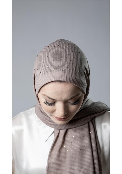 Hürrem Bone Koyu Vizon Pratik Hazır Geçmeli Tesettür Şal Örme Kumaş Taş Desenli 2118t 38