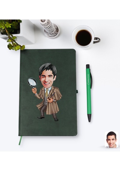 Kişiye Özel Müfettiş Karikatürlü Yeşil Termo Deri Defter Kalem Se