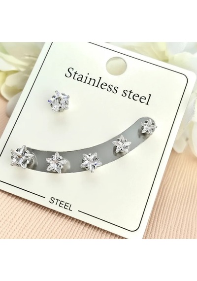 Tektaş Küpe Yıldız Model Tektaş Üçlü Set Küpe Kararmaz Çelik Silver