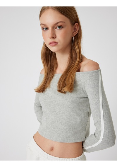 Koton Madonna Yaka Tişört Crop Uzun Kollu Biyeli Slim Fit Gri Melanj 5wal10232ık Gri Melanj