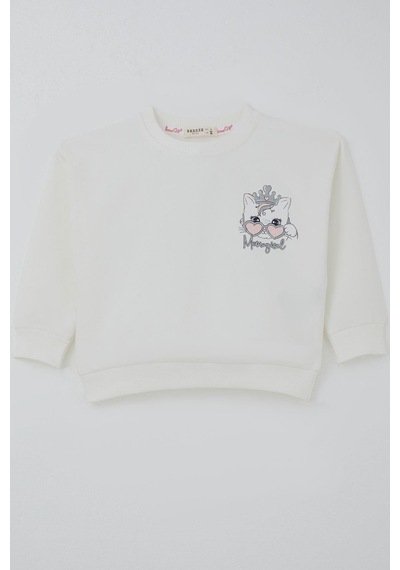 Breeze Kız Çocuk Sweatshirt Minik Taçlı Kedi Prenses Baskılı Sırt Baskı Detaylı 1.5-5 Yaş, Ekru Ekru
