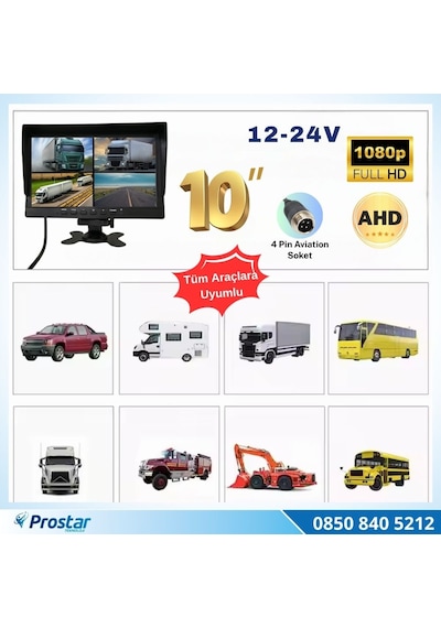 Kayıtlı 10 İnç 4 Kanal Full Hd Tak Kullan Quad Ahd Analog Uyumlu Araç Monitörü 12-24v