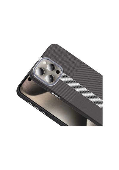 Apple Uyumlu iPhone 15 Pro Max Kılıf M-safe Şarj Özellikli Karbon Fiber Görünümlü Gros Kılıf Gri - Siyah