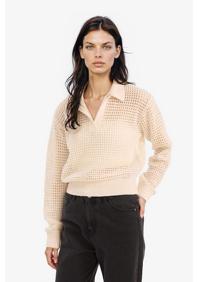 DeFacto 	Relax Fit Polo Yaka Basic Düz Ajur Triko Kazak E7025AX25SMER105 Ekru