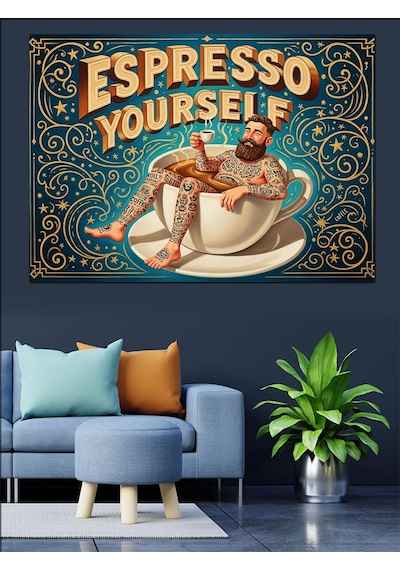 "espresso Your Self" Dövmeli Adam Vintage Kahve Afişi Dekoratif Kanvas - Mdf Ahşap Tablo