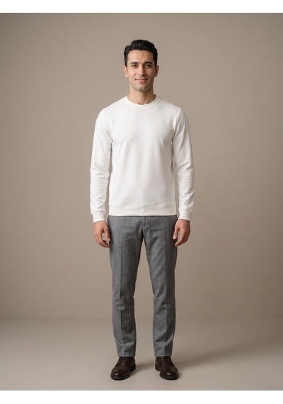 Maccali Erkek Beyaz İki İplik Bisiklet Yaka Sweatshirt
