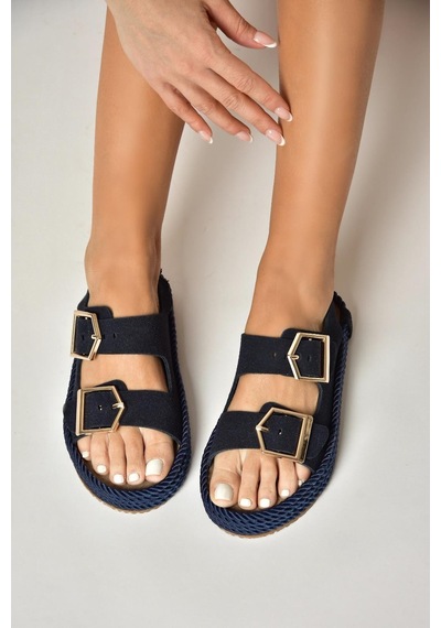 Fox Shoes U596330302 Lacivert Süet Kadın Sandalet Lacivert