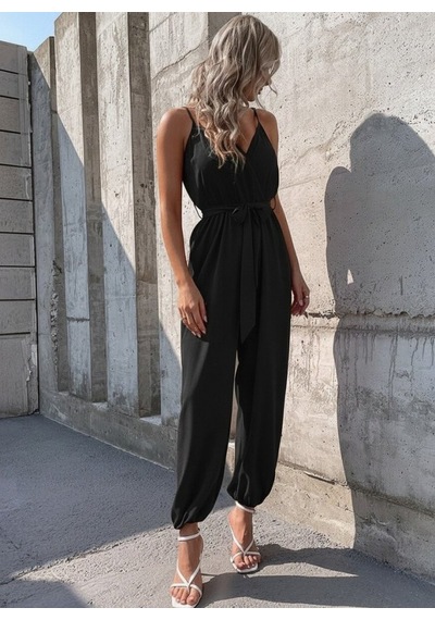 Efnaz Style Kadın Ip Askılı Kruvaze Yakalı Belden Kuşaklı Uzun Sandy Tulum Siyah