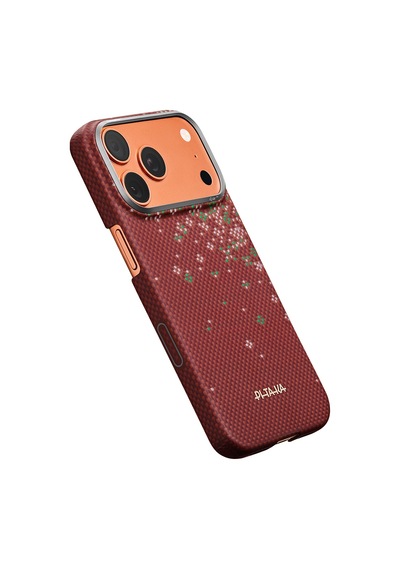 İphone 17 Pro Max Uyumlu Kılıf M-safe Şarjlı Aramid Fiber Pitaka Sakura Hours Serisi Kapak Kırmızı