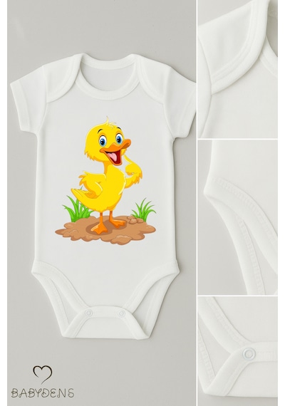 Babyden's %100 Pamuklu Sevimli Hayvan Figürlü Bebek Body Unisex Çıtçıtlı Kısa Kollu Zıbın Ördek Beyaz