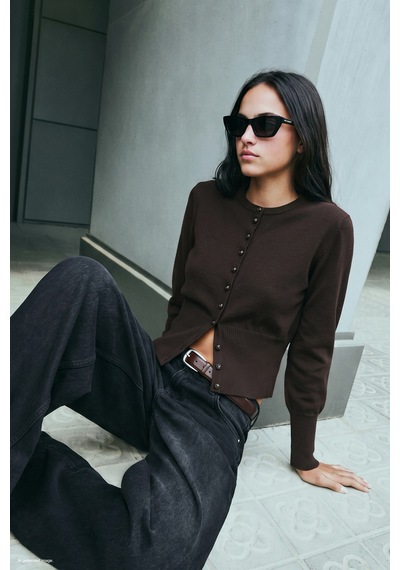 Sateen Düğmeli Hırka - Kahve-137887
