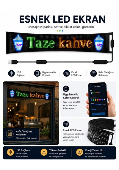 Led Matris Panel Mesajınızı Emojinizi Dilediğiniz Gibi Gösterin Araba Dükkan Cam Ofis Cafe İçin Uygun Elektirikli Kumandalı Uygulamadan Kontrol