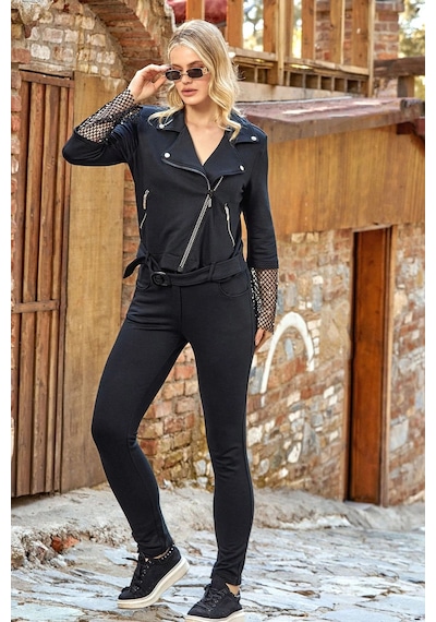 Cossy By Aqua 24215 Kadın Uzun Kollu File Ve Taş Baskı Detaylı Eşofman Takımı-siyah Siyah