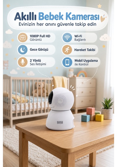 Smart-6202 1080p Full Hd Wifi Bebek Kamerası 2mp Gece Görüşlü Mikrofonlu Hareket Algılamalı Tuya Smart Akıllı Kamera Beyaz