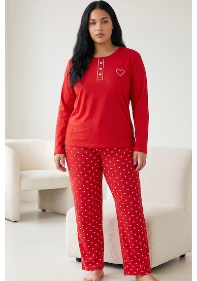 Siyah İnci Nakışlı Pamuklu Likralı Büyük Beden Battal Boy Örme Pijama Takım 26240885 Kırmızı Siyah İnci Nakışlı Pamuklu Likralı Büyük Beden Battal Boy Örme Pijama Takım 26240885 Kırmızı