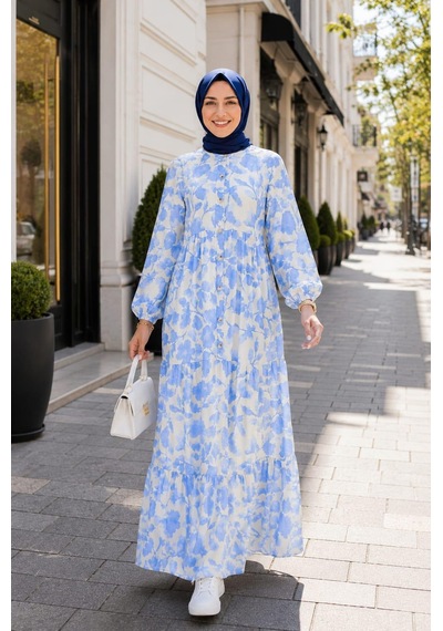 Hb Harma Time Butik Kadın Düğmeli Desenli Modal Kumaş Beyaz Elbise