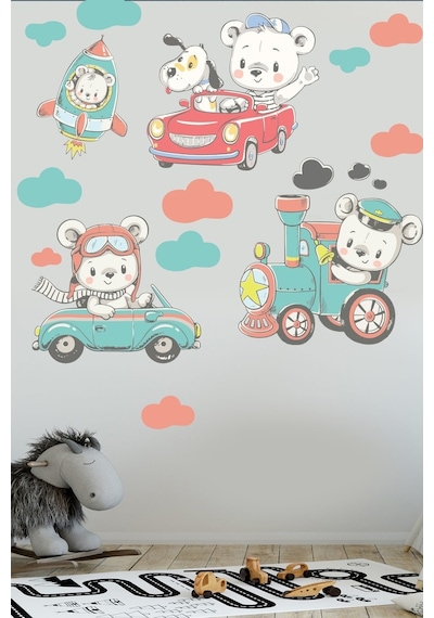 Sevimli Ayıcıklar Ve Araçlar Çocuk Odası Duvar Sticker Seti