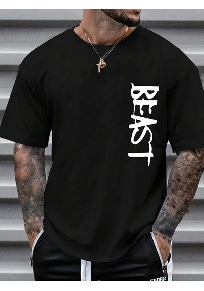 Beast T-shirt - Siyah Baskılı Oversize Bisiklet Yaka Kısa Kol Tişört Siyah