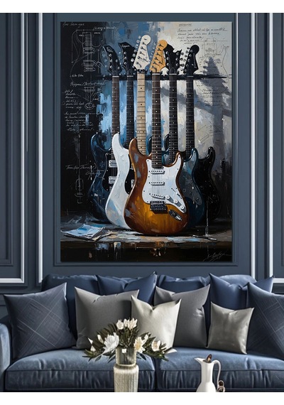 Ahşap Tablo Duvara Yaslanmış Dörtlü Gitar Seti