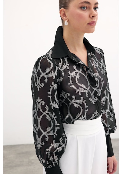 Sateen Geniş Manşetli Şifon Gömlek - Siyah-135894 Siyah