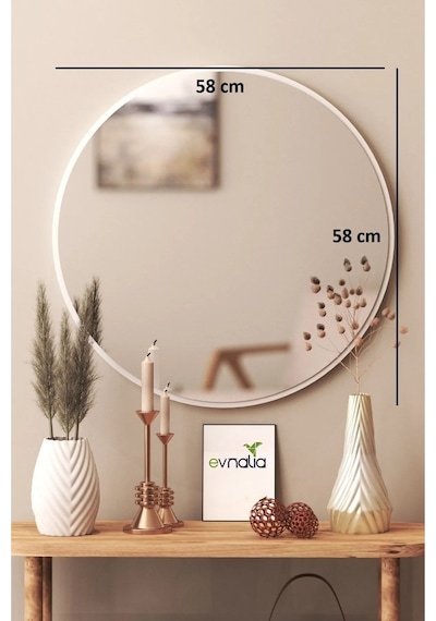 Dekoratik Yuvarlak Ayna 60 Cm Çap Antre Hol Koridor Duvar Salon Mutfak Banyo Ofis Makyaj Aynası - Beyaz Beyaz