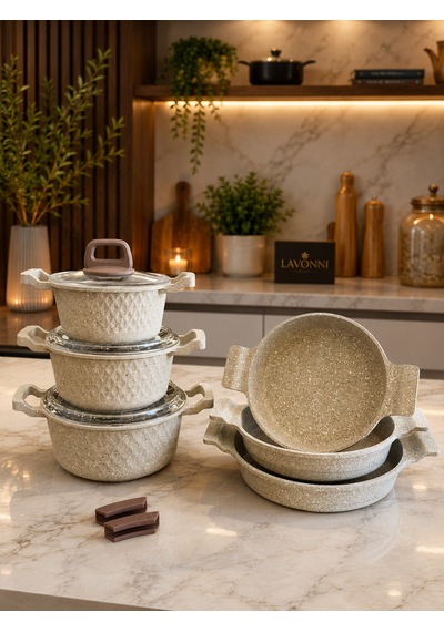 Obsidyen Premium 9 Parça Döküm Granit Tencere Ve Sahan Seti 16-18-20 Cm Derin Tencere + 18-20-22 Cm Sahan Cappuccino Kahverengi