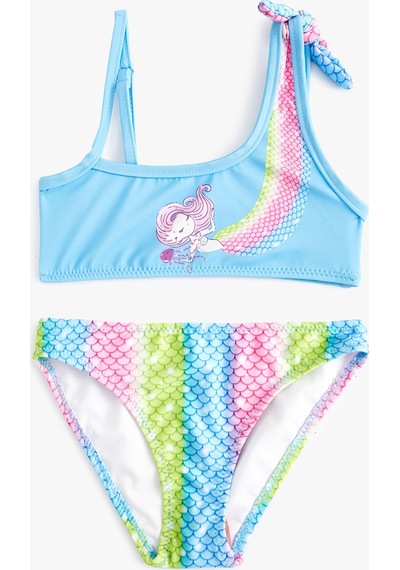 Koton Bikini Takımı Deniz Kızı Baskılı Tek Omuz İnce Askı Detaylı Mavi 4skg00010mm Mavi