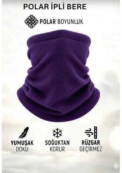 Qulothes Extrakalın Termal Polar Soğuk Geçirmez Bere & Boyunluk Unisex Pamuklu Kışlık Ayarlanabilir İpli Bere Lila