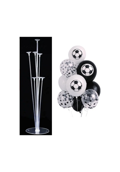 7'li Balon Standı Ve 10 Adet Futbol Temalı Siyah-beyaz-şeffaf Konfetili Balon Set Beyaz - Siyah