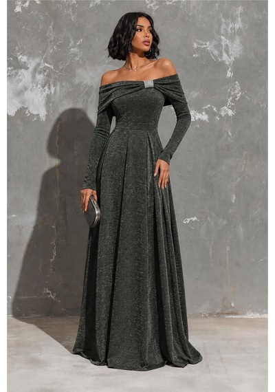 DefyModa Kadın Minimal Krep Kumaş Straplez Taş Detaylı Abiye Elbise Haki