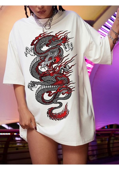 Flood Of Style Kadın Beyaz Dragon Baskılı Oversize Bisiklet Yaka T-shirt