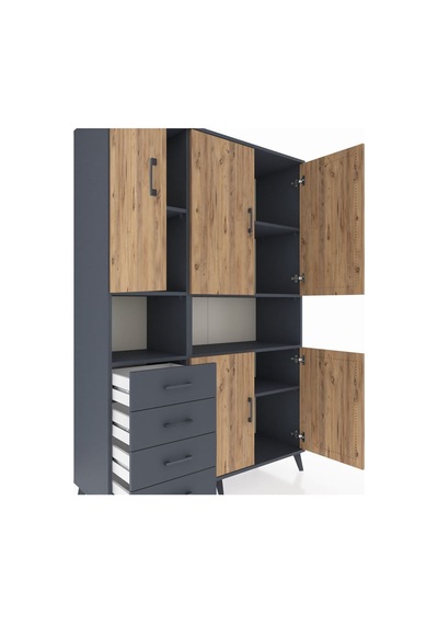 Hyperion Dolap 7 Raflı 4 Çekmeceli 5 Kapaklı 132x44x195 Antrasit-çam/antrasit Atlas Çam/antrasıt