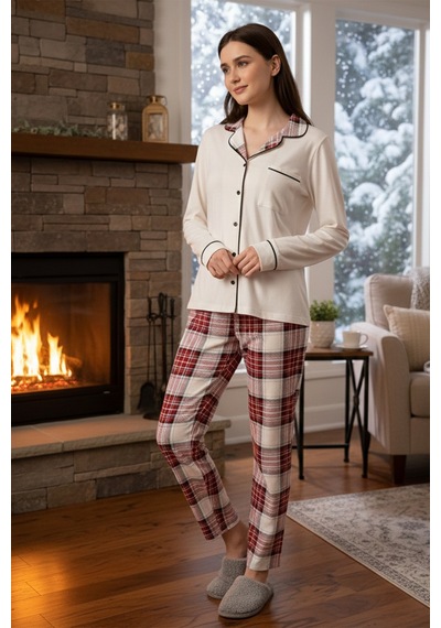Remsa Kadın Ekose Desenli Önü Düğmeli Yumuşak Milan Kumaş Pijama Takımı 250367 Bej01 Bej