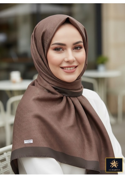 Premium Lux Original Monogram Şal İpek Vual, Yüksek Kalite, Hafif, Rahat, Şık, Tesettür, Shawl Kahverengi