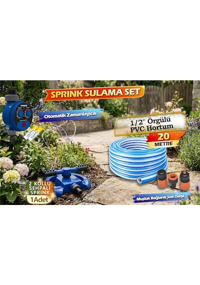 Otomatik Zamanlayıcılı Bahçe Sulama Seti 20m Örgülü Pvc Hortum, Dönerli Çift Sprinkler, Bahçe Çim Ve Hobi
