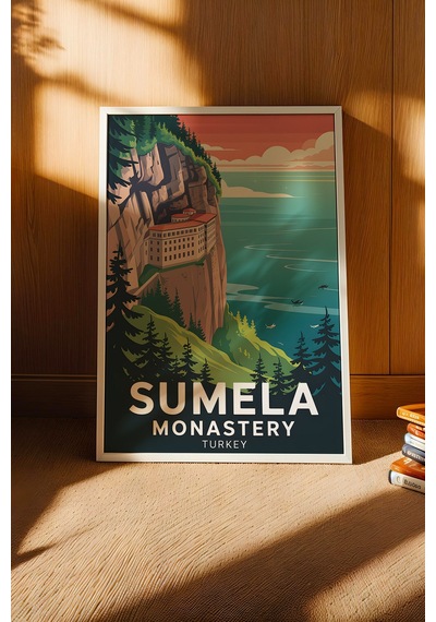 Sümela Manastırı Tablo - Retro Travel Poster - Trabzon Şehir Serisi Duvar Dekoru - Çerçeveli Poster Beyaz