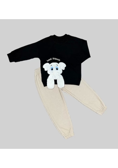 Beruflic 1-2-3 Yaş Filli Sallanan Ayak Desenli Likra Penye Kumaş Sweat Pantolonlu Kız Erkek 2li Çocuk Takımı Siyah