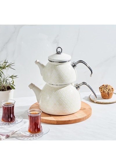 Kristal Krem Emaye Çaydanlık Takımı Çelik