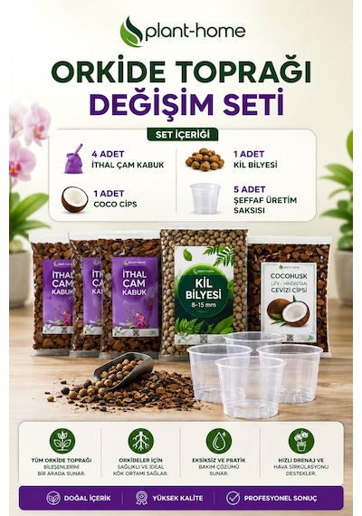 Orkide Toprağı Değişim Seti İthal Çam Kabuğu, Coco Cips, Kil Bilyesi Ve Şeffaf Saksı Seti